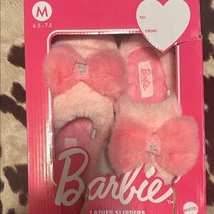 Barbie Pink Plush Slippers with Logo- NIB
